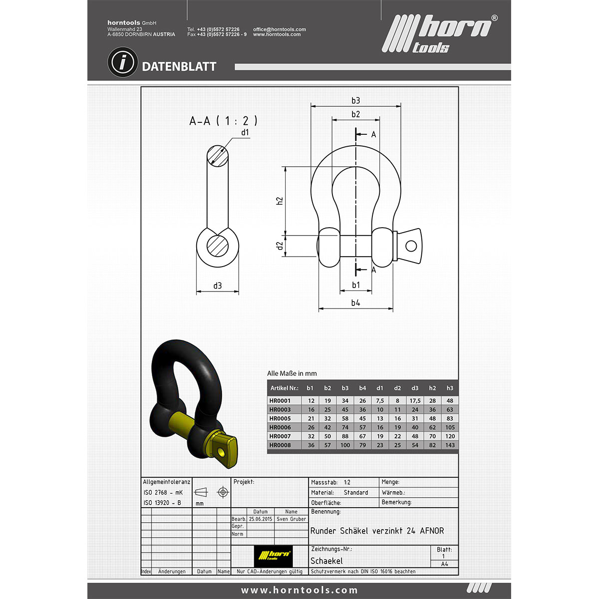 Horntools Bogenschäkel 1/2&quot;, 2 t WLL, 8t BL